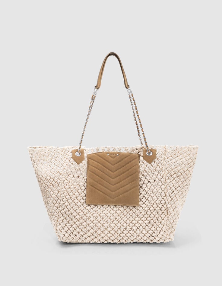 Ikks Sac Cabas 1440 écru Crochet Cuir Velours Camel Femme