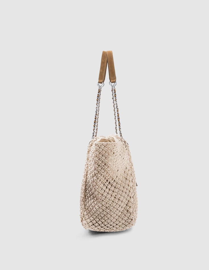 Ikks Sac Cabas 1440 écru Crochet Cuir Velours Camel Femme