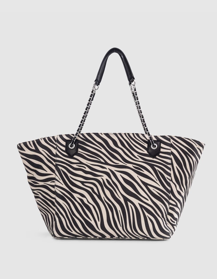 Ikks Sac Cabas 1440 écru Toile Motif Zébré Taille XL Femme