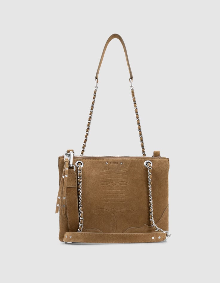 Ikks Sac Pochette 1440 Reporter Camel Cuir Velours Femme
