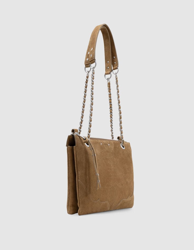 Ikks Sac Pochette 1440 Reporter Camel Cuir Velours Femme