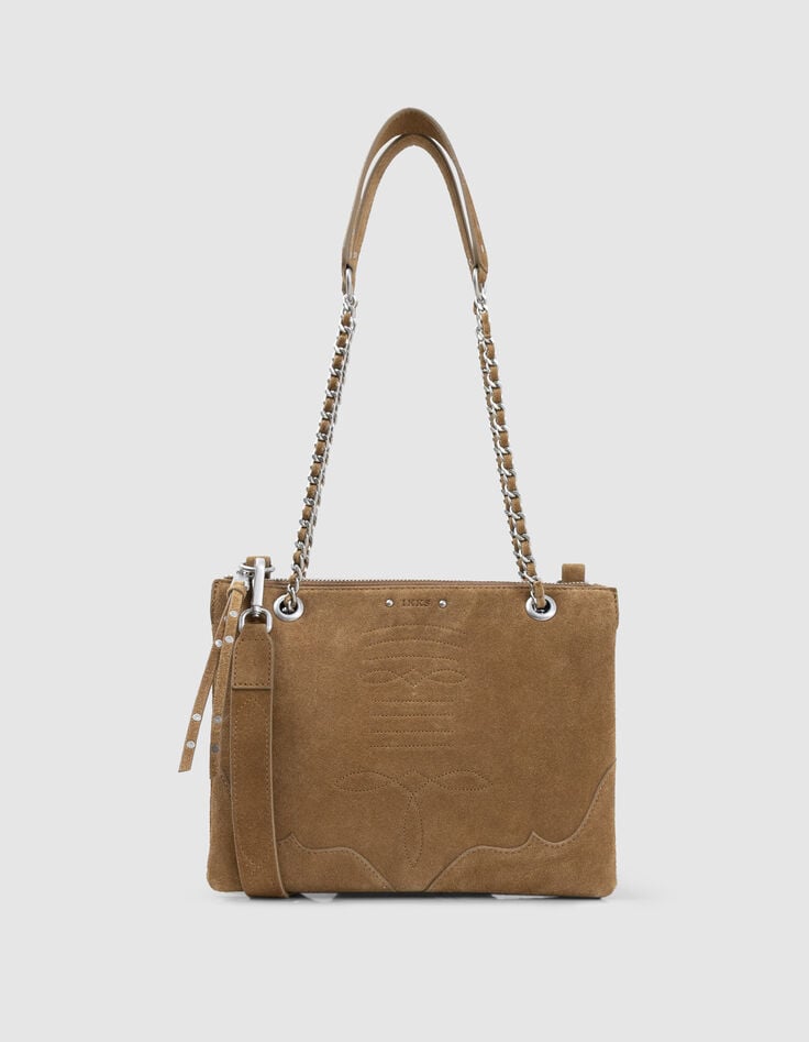 ikks Sac pochette 1440 Reporter camel cuir velours Femme