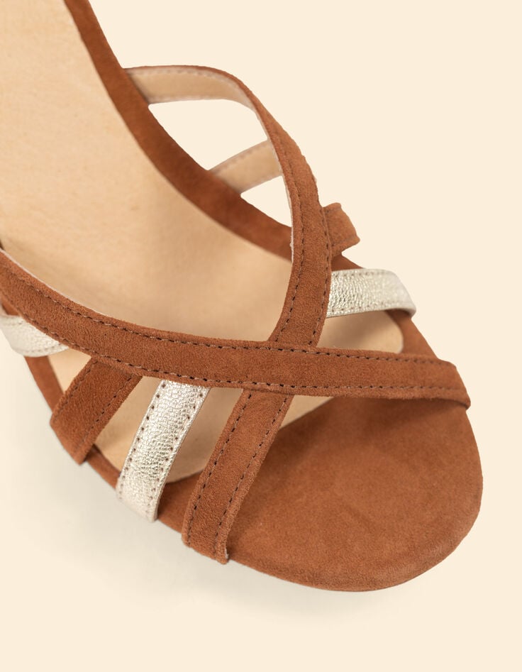 Ikks Sandales à Talon Camel Et Doré Cuir Velours I.Code