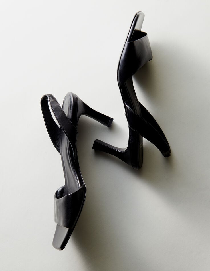 ikks Sandales à talon noires cuir bride élastiquée Femme