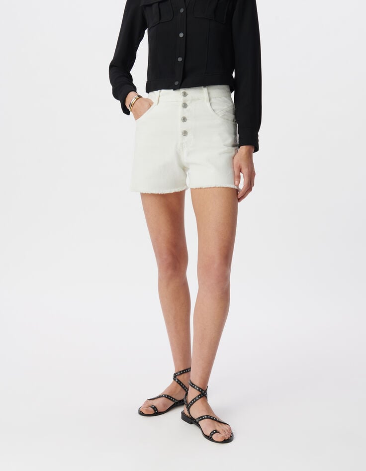 Ikks Short En Jean Blanc Coton Bio Taille Haute Frangé Femme