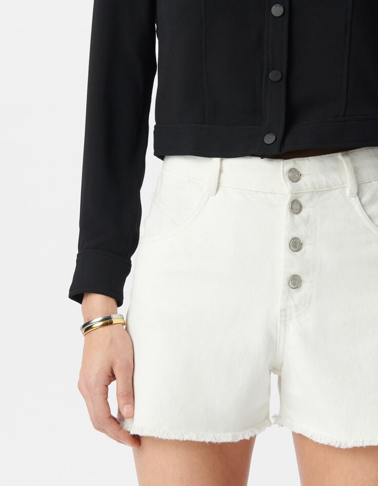 Ikks Short En Jean Blanc Coton Bio Taille Haute Frangé Femme