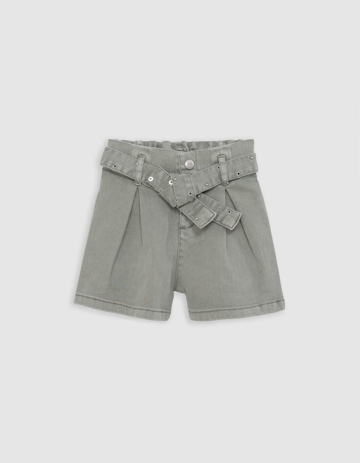Ikks Short En Jean Kaki Ceinture Clous Et Oeillets Fille