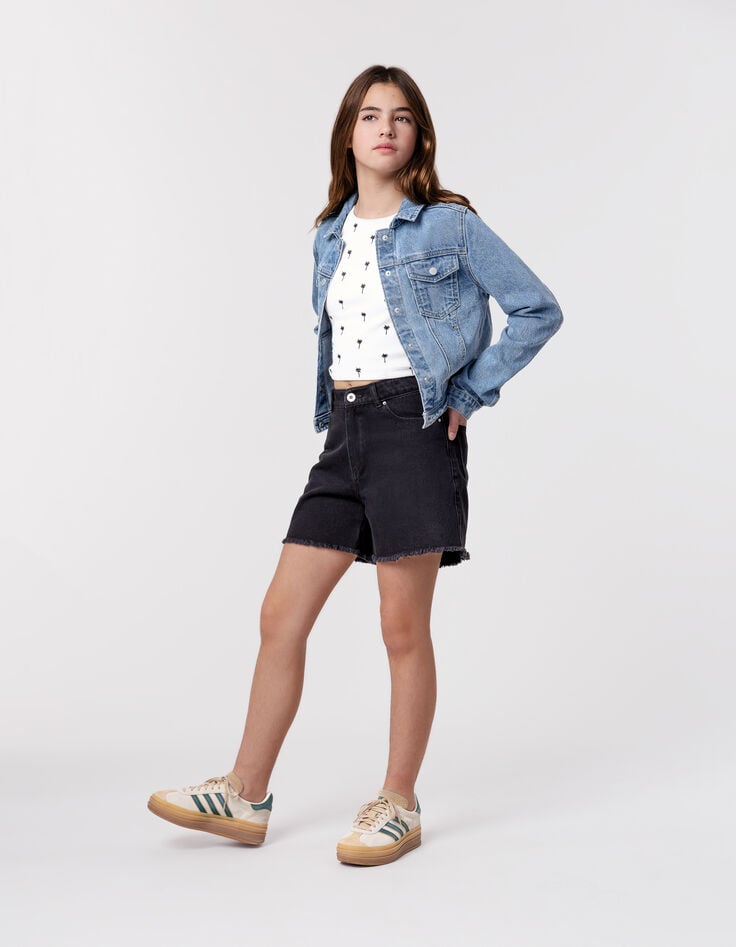 ikks Short en jean noir Waterless bords frangés fille