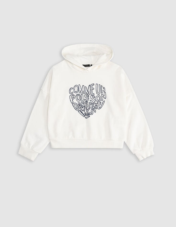 Ikks Sweat à Capuche Blanc Message Brodé Forme Coeur Fille