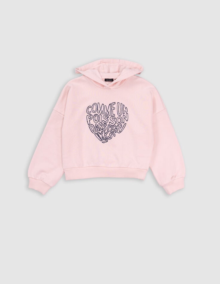 Ikks Sweat à Capuche Rose Message Brodé Forme Coeur Fille