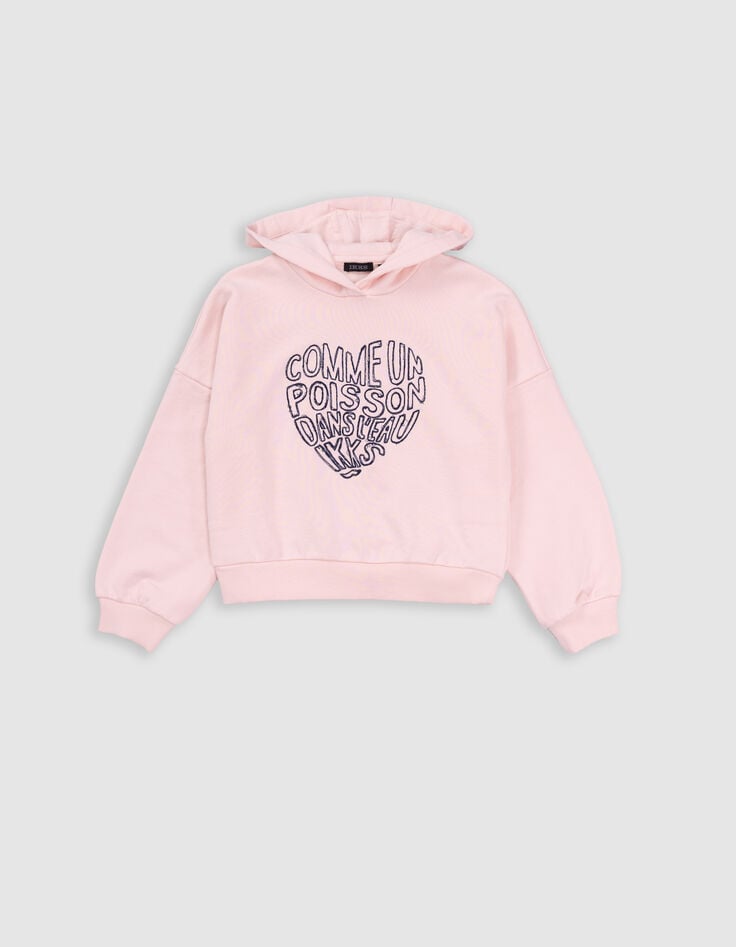 Ikks Sweat à Capuche Rose Message Brodé Forme Coeur Fille
