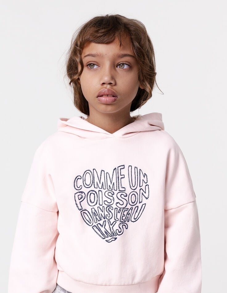 ikks Sweat à capuche rose message brodé forme coeur fille
