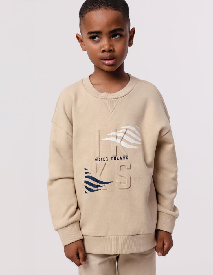 Ikks Sweat Beige Logo Embossé Et Motifs Rayures Garçon