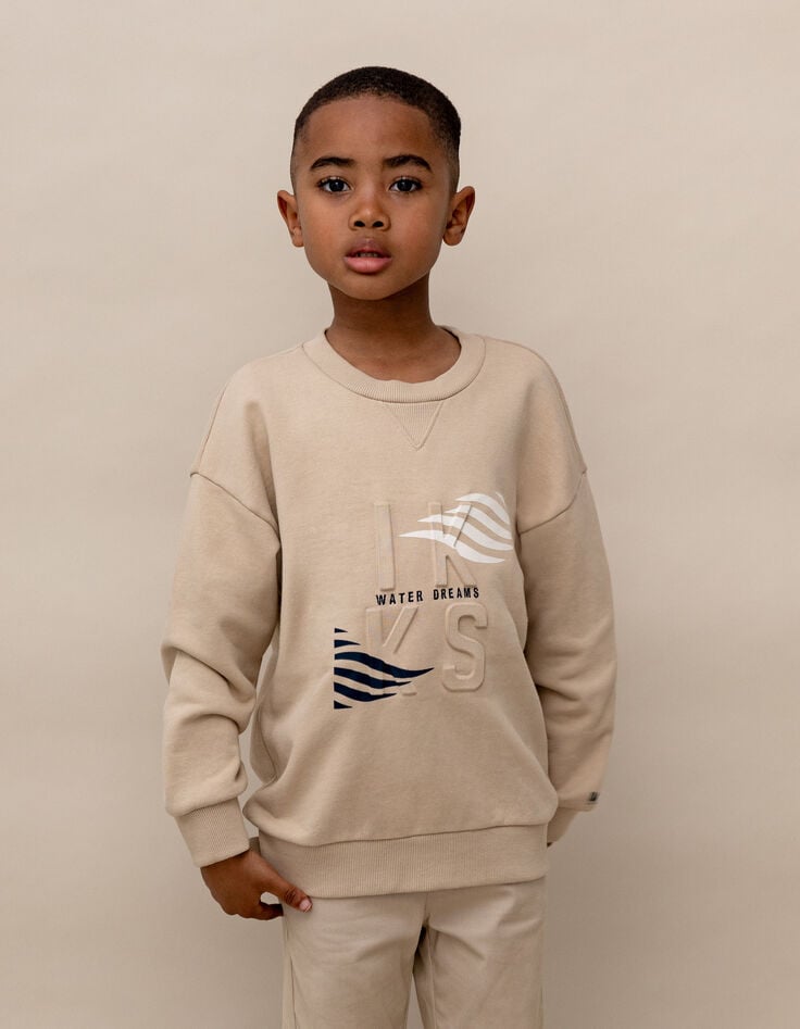 ikks Sweat beige logo embossé et motifs rayures garçon