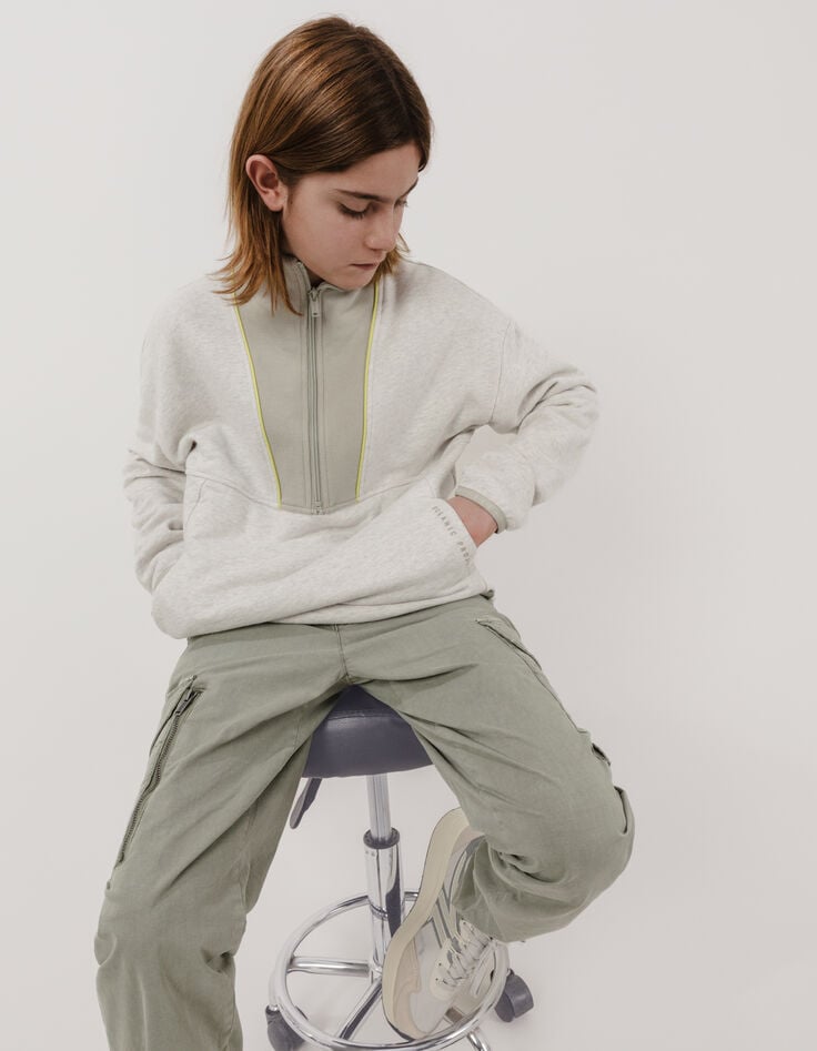 Ikks Sweat Camionneur Gris Et Kaki Passepoil Anis Garçon