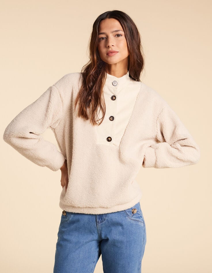 Ikks Sweat écru Sherpa Et Velours Col Boutonné I.Code