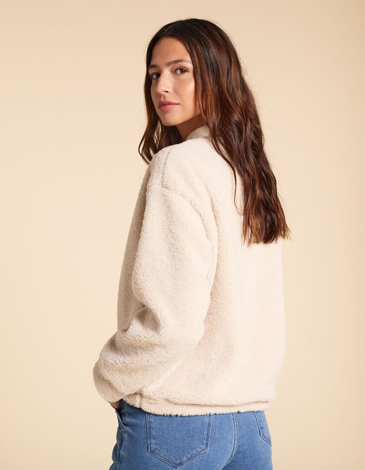 Ikks Sweat écru Sherpa Et Velours Col Boutonné I.Code