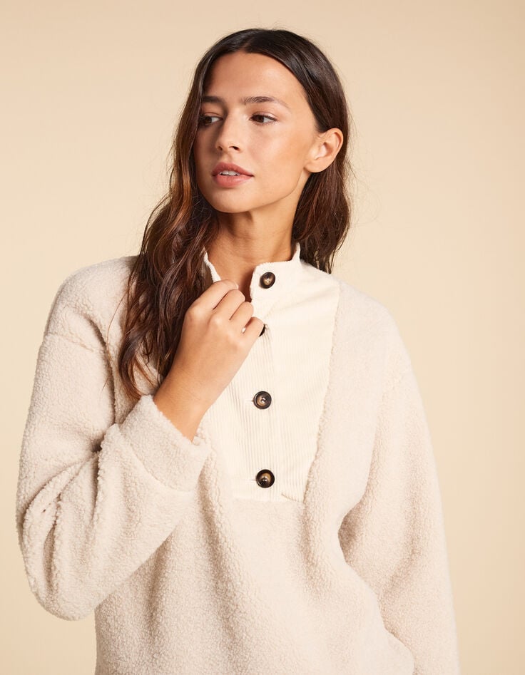 ikks Sweat écru sherpa et velours col boutonné I.Code