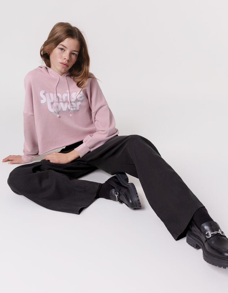Ikks Sweat Rose Cropped à Capuche Message Pailleté Fille