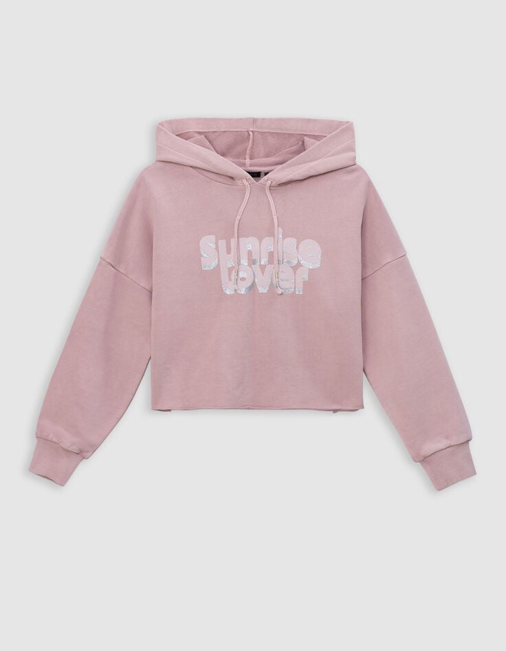 Ikks Sweat Rose Cropped à Capuche Message Pailleté Fille