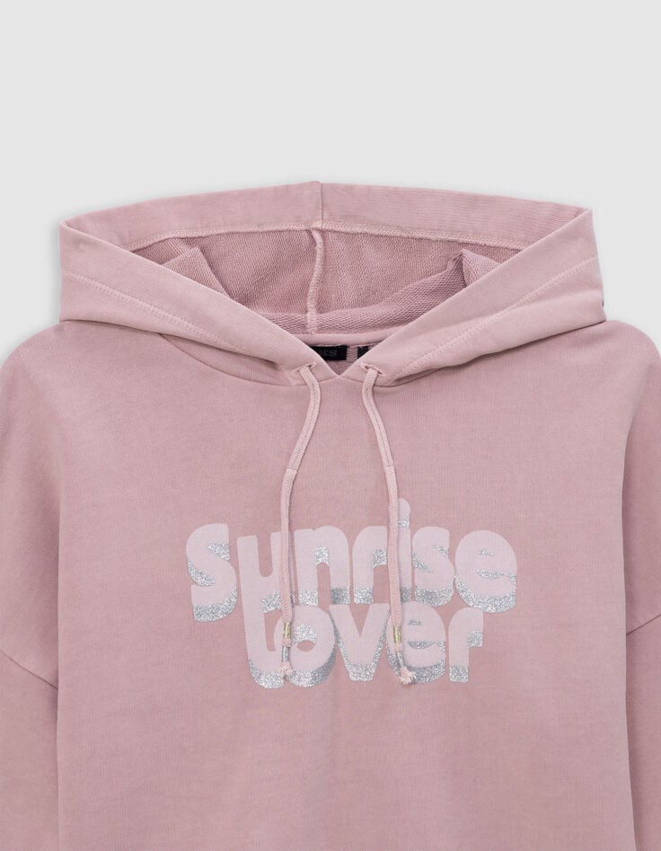 Ikks Sweat Rose Cropped à Capuche Message Pailleté Fille