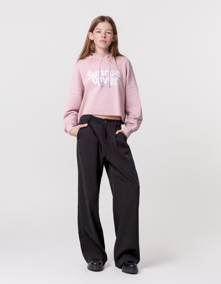 ikks Sweat rose cropped à capuche message pailleté fille