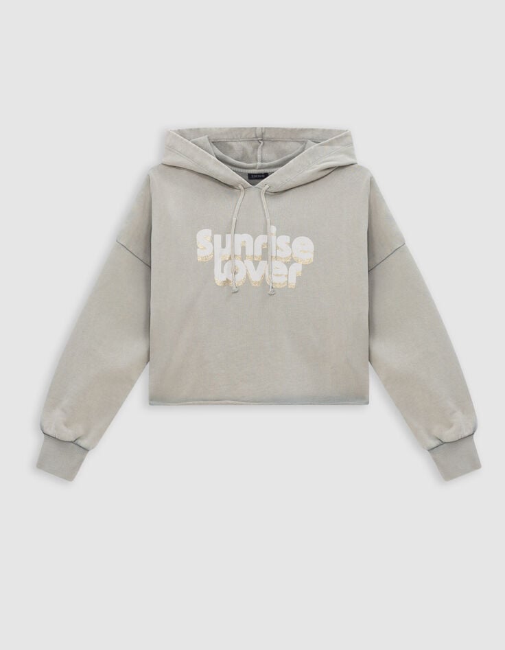 Ikks Sweat Vert Cropped à Capuche Message Pailleté Fille