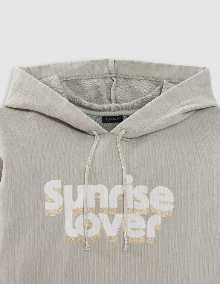 Ikks Sweat Vert Cropped à Capuche Message Pailleté Fille