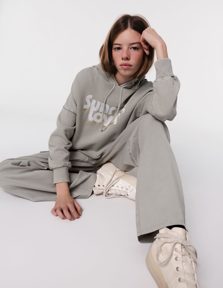 ikks Sweat vert cropped à capuche message pailleté fille