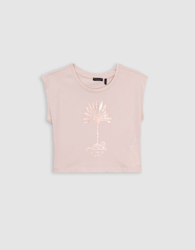 Ikks T-shirt Beige Coton Bio Palmier-tigre Copper Fille
