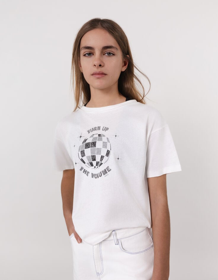 ikks T-shirt blanc coton bio boule à facettes fille