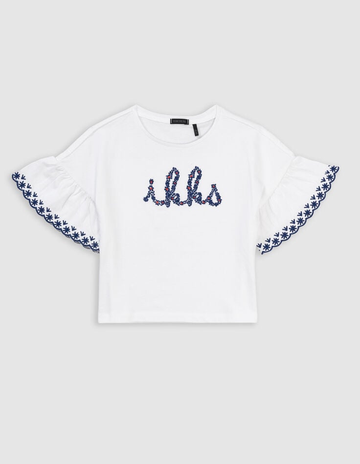 Ikks T-shirt Blanc Coton Bio Brodé IKKS Marine Fille
