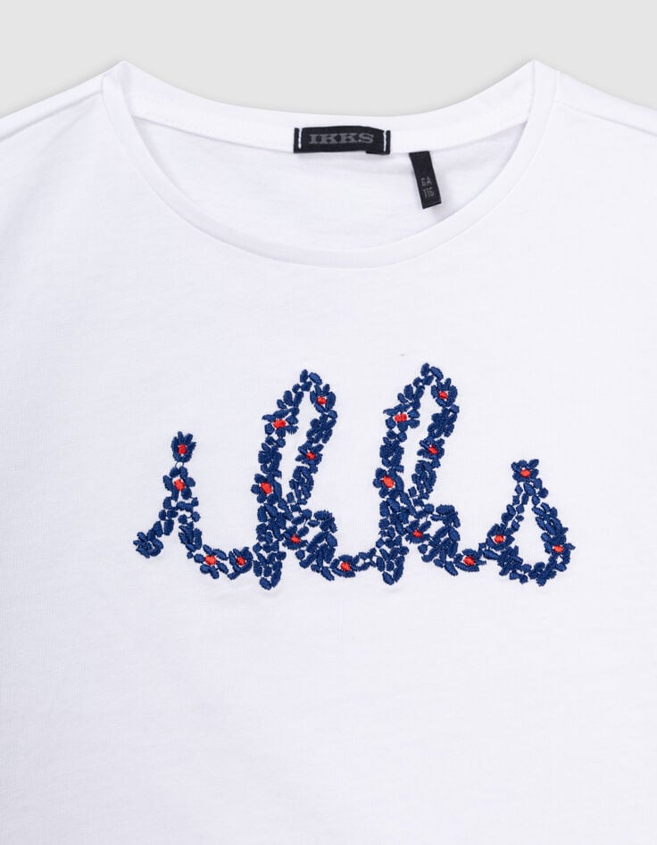 Ikks T-shirt Blanc Coton Bio Brodé IKKS Marine Fille