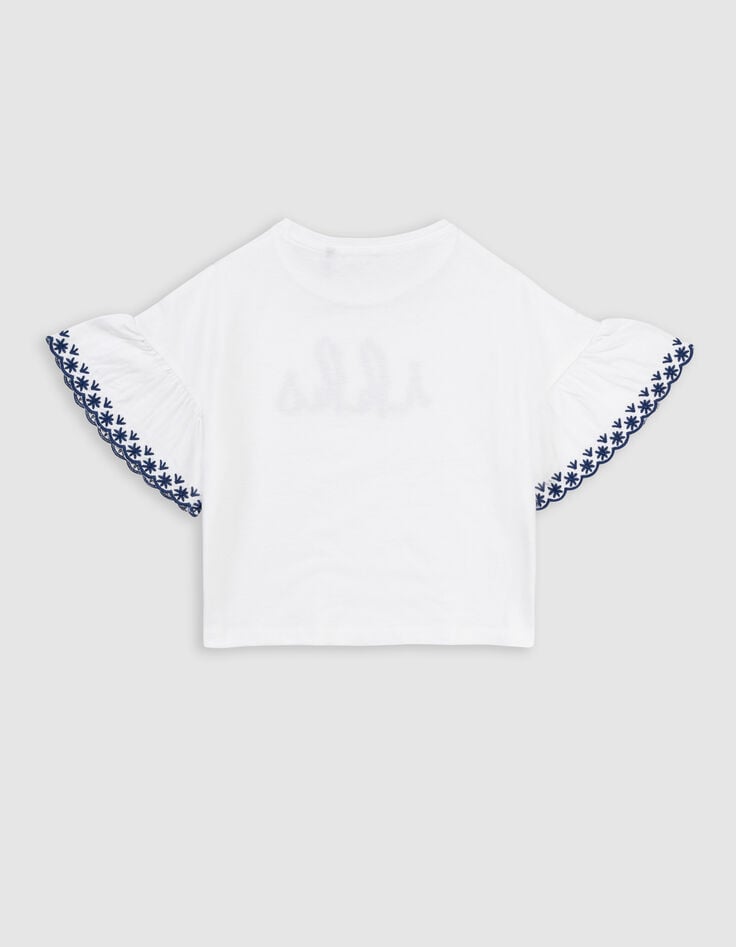 Ikks T-shirt Blanc Coton Bio Brodé IKKS Marine Fille