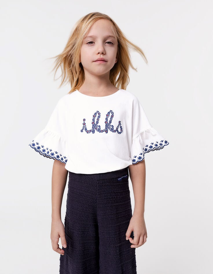 ikks T-shirt blanc coton bio brodé IKKS marine fille