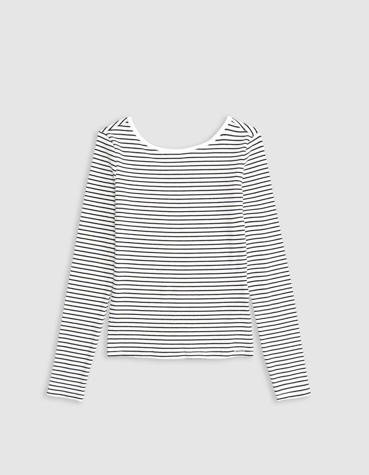 Ikks T-shirt Blanc Coton Bio Côtelé Rayures Marinière Fille
