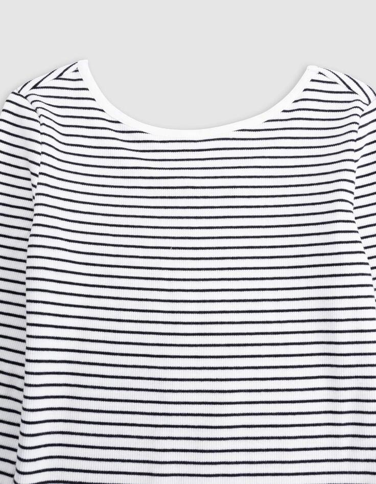 Ikks T-shirt Blanc Coton Bio Côtelé Rayures Marinière Fille