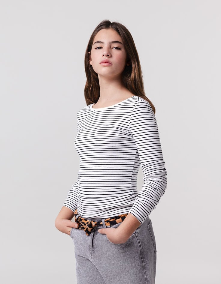 ikks T-shirt blanc coton bio côtelé rayures marinière fille