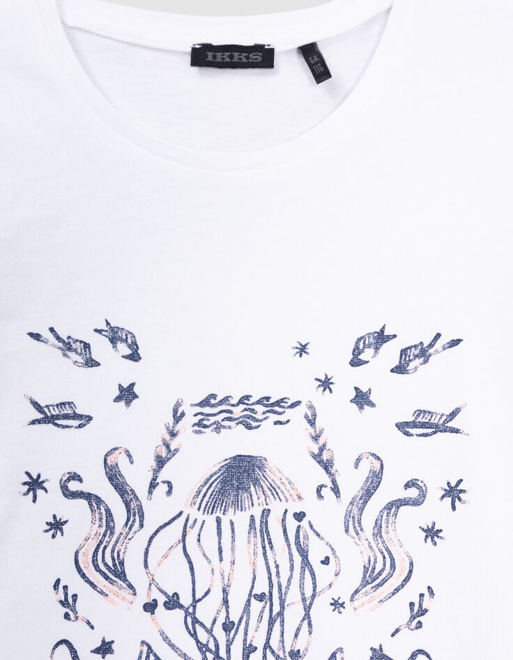 Ikks T-shirt Blanc Coton Bio Décor Aquatique Pailleté Fille