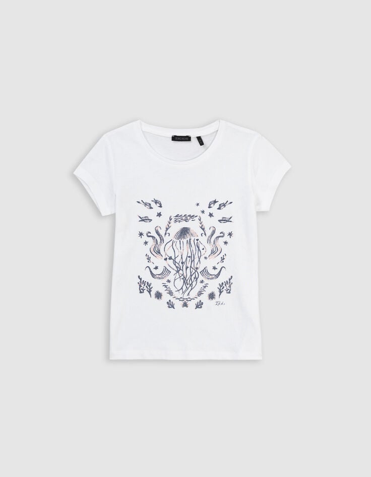 ikks T-shirt blanc coton bio décor aquatique pailleté fille