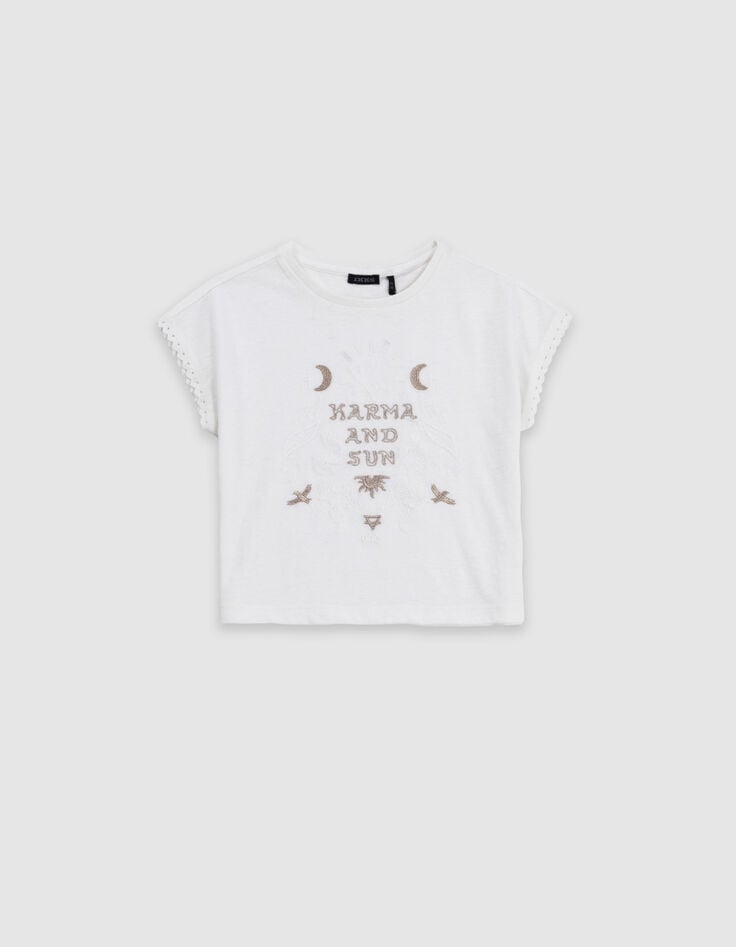 Ikks T-shirt Blanc Coton Bio Dentelle Et Broderies Fille