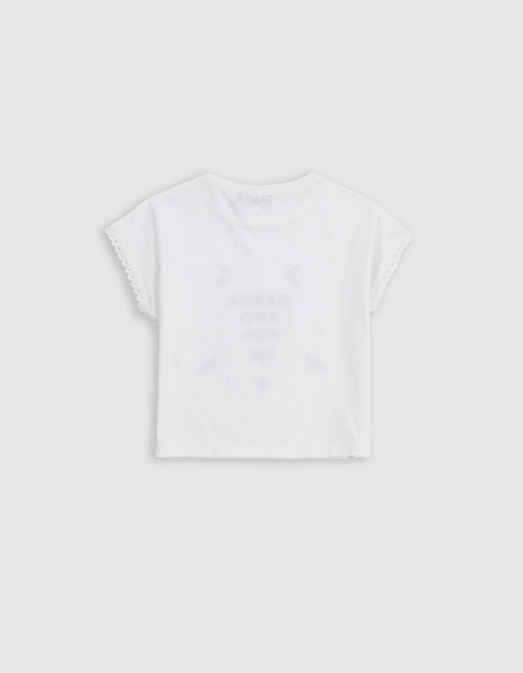 Ikks T-shirt Blanc Coton Bio Dentelle Et Broderies Fille