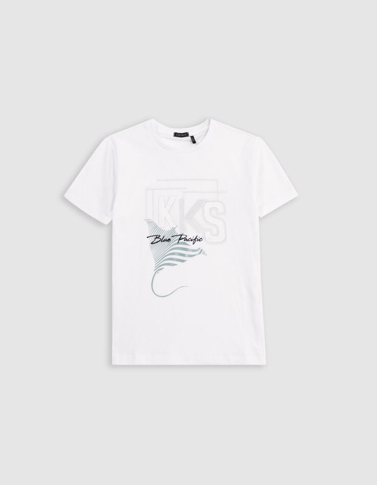 Ikks T-shirt Blanc Coton Bio Flocage Logo Et Raie Garçon