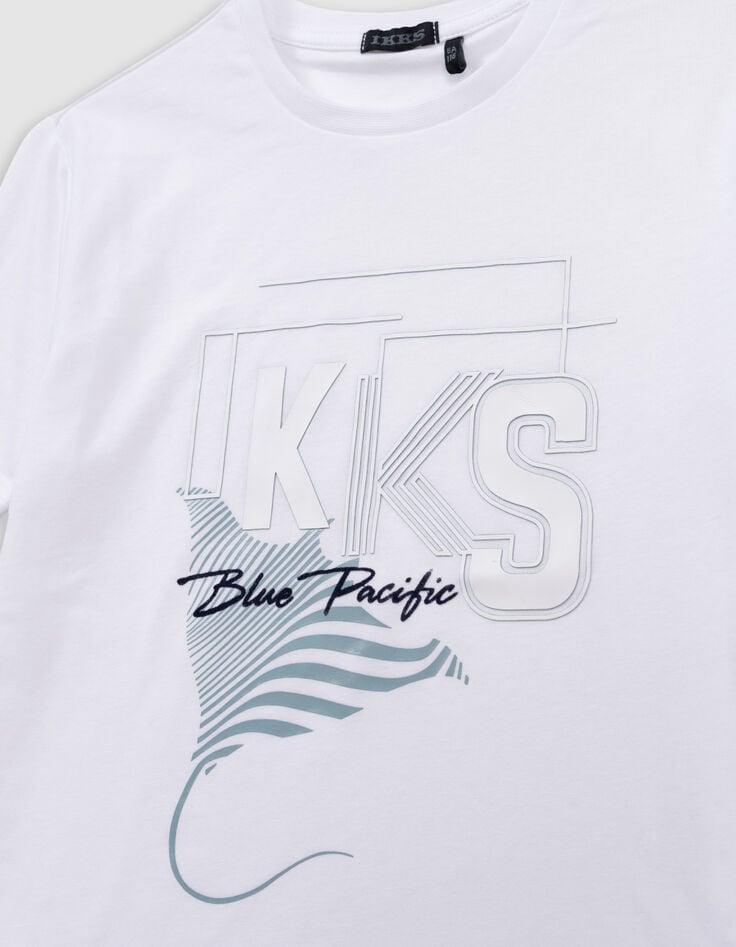 Ikks T-shirt Blanc Coton Bio Flocage Logo Et Raie Garçon