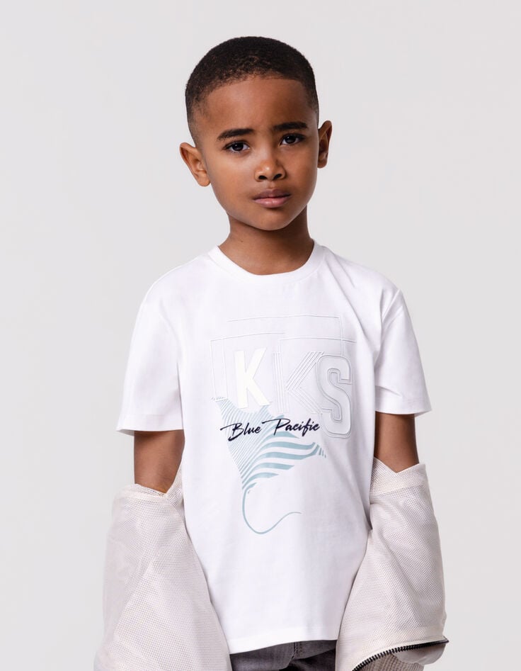 ikks T-shirt blanc coton bio flocage logo et raie garçon