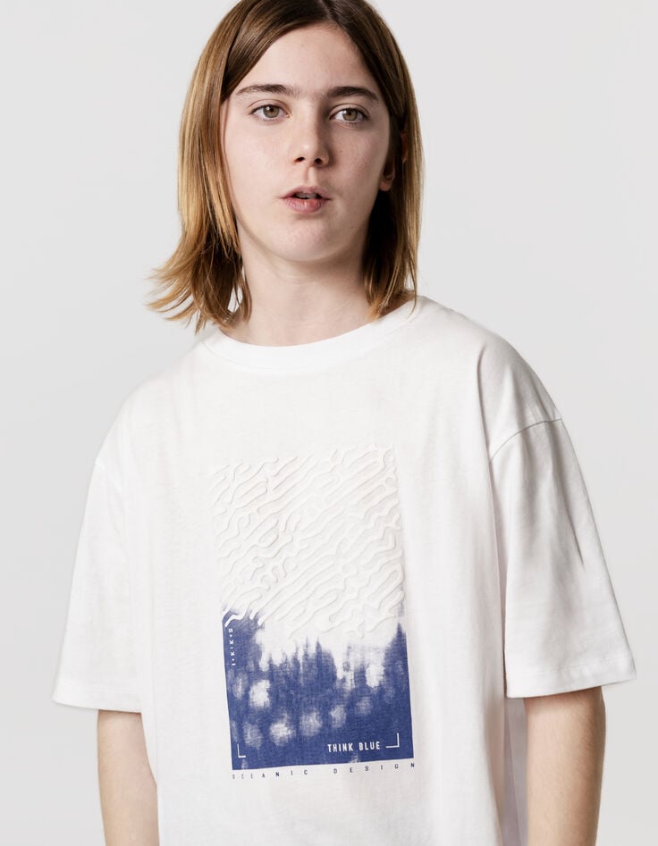 ikks T-shirt blanc coton bio flocage ondes marines garçon