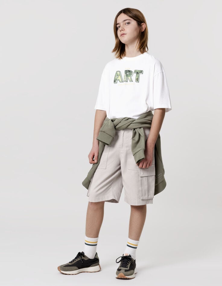 Ikks T-shirt Blanc Coton Bio Maxi Message Pixellisé Garçon