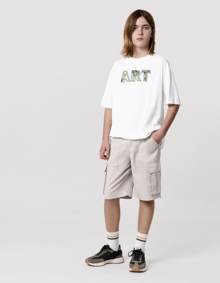 ikks T-shirt blanc coton bio maxi message pixellisé garçon