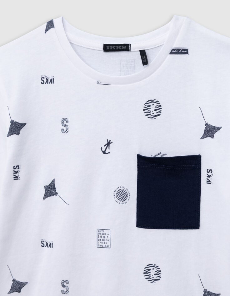 Ikks T-shirt Blanc Coton Bio Motifs Aquatiques Garçon