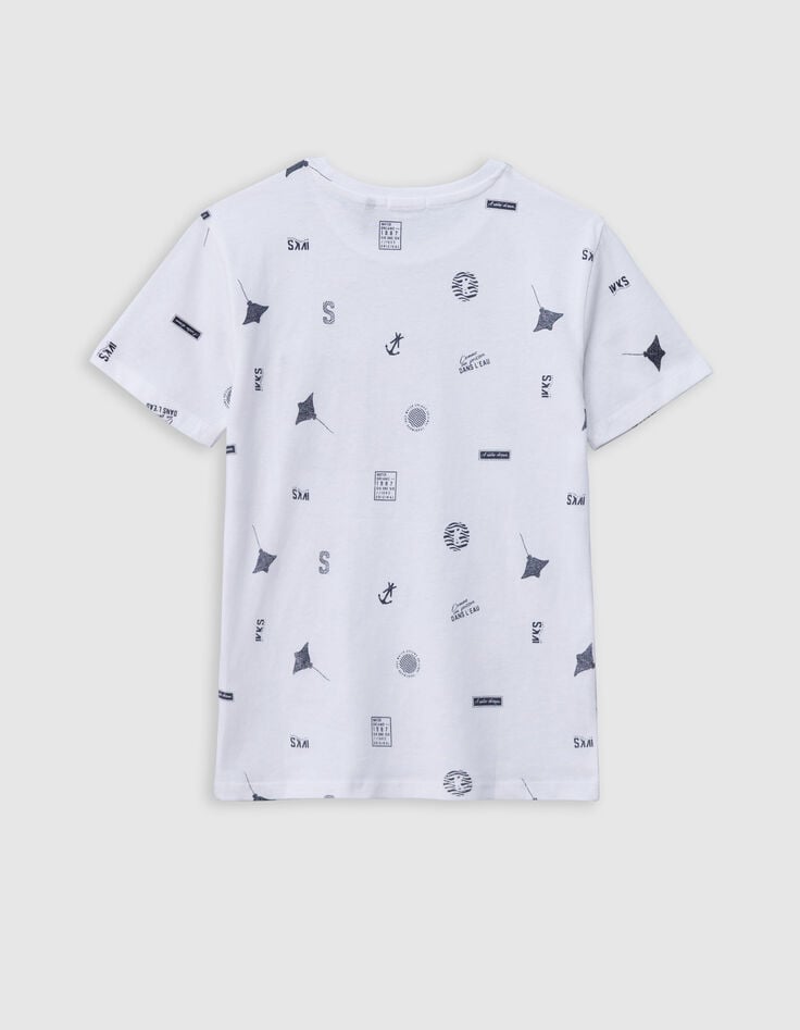 Ikks T-shirt Blanc Coton Bio Motifs Aquatiques Garçon